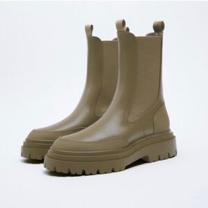 Zara Women Boots Size 7.5 Chelsea EUR 38 Leather Olive Brown Chunky Platform